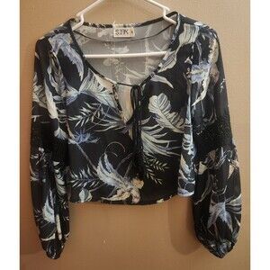 Seek the Label Embroidered Floral Sheer Rayon Blouse Top Black Size XS